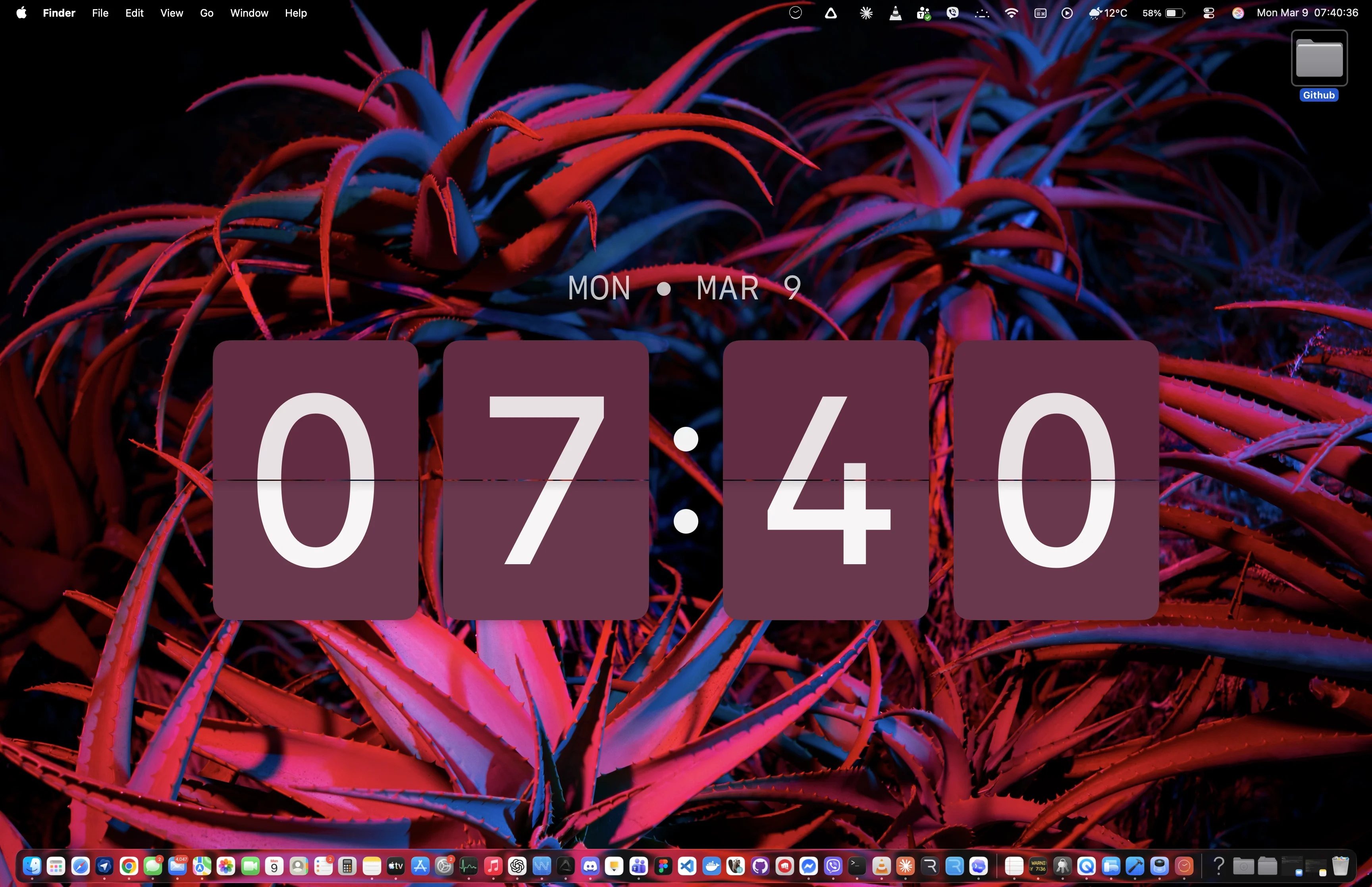 Cadran flip clock wallpaper on Mac desktop — split-flap digits over neon plant wallpaper