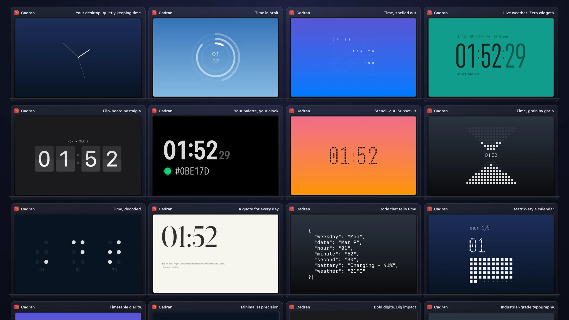 Cadran — 22 clock faces on your Mac wallpaper