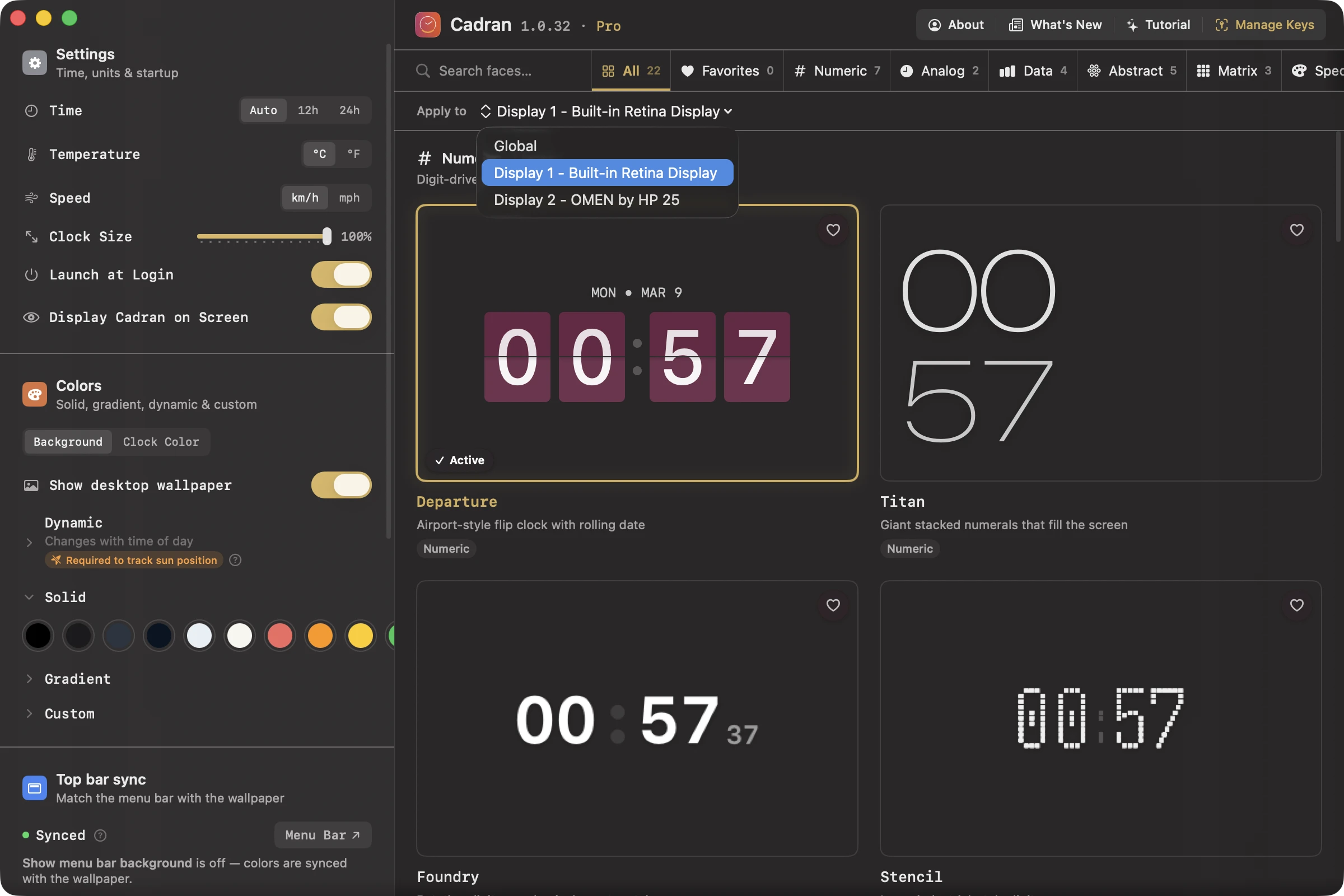 Cadran gallery with per-monitor display selector — choose different clock faces for each screen