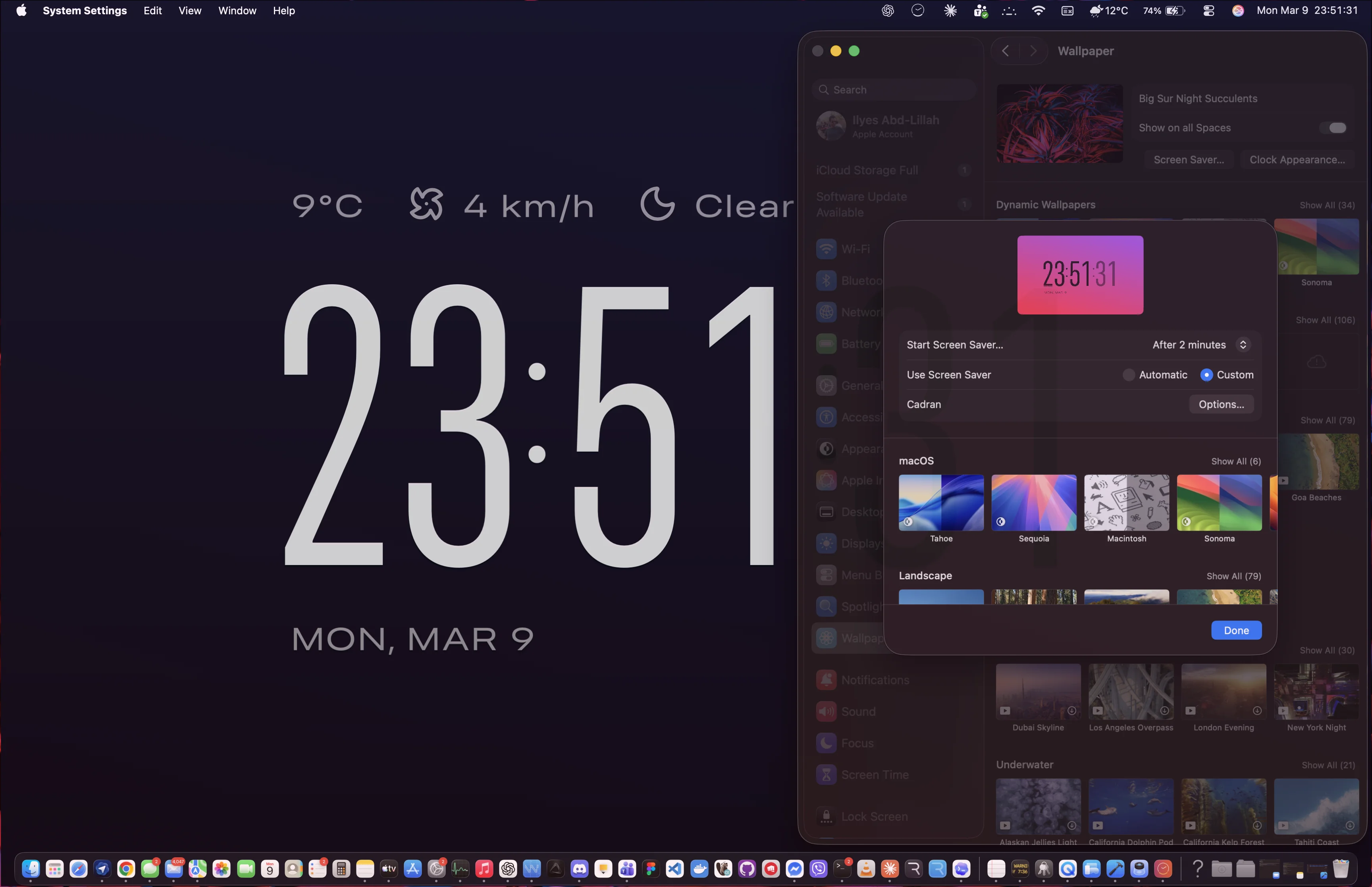 Cadran screensaver in macOS System Settings — clock face visible on desktop with Screen Saver preferences open